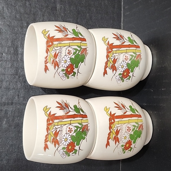 Set of 4 Vintage '70s Japanese Bamboo/Floral Pottery Tea/Sake Cups, ARMBEE - Picture 3 of 6